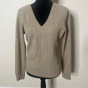 Tweeds Women’s Tan Cable Knit V~Neck 2 Ply Cashmere Pullover Knit Sweater Sz L